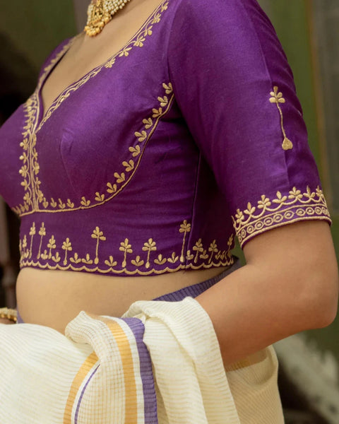 Readymade Purple Cotton Silk Designer Blouse With Dome Neck