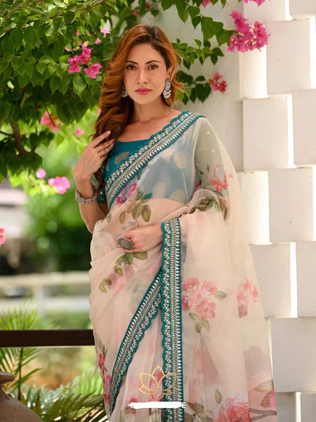 Organza Cream Floral Printed Saree