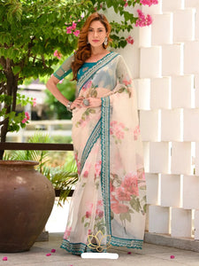 Organza Cream Floral Printed Saree