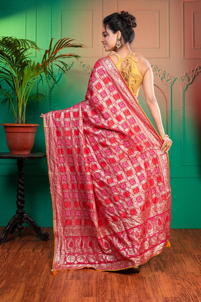 RED AND PINK BANARASI BANDHEJ SAREE