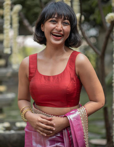 Red Silk Sleeveless Padded Blouse