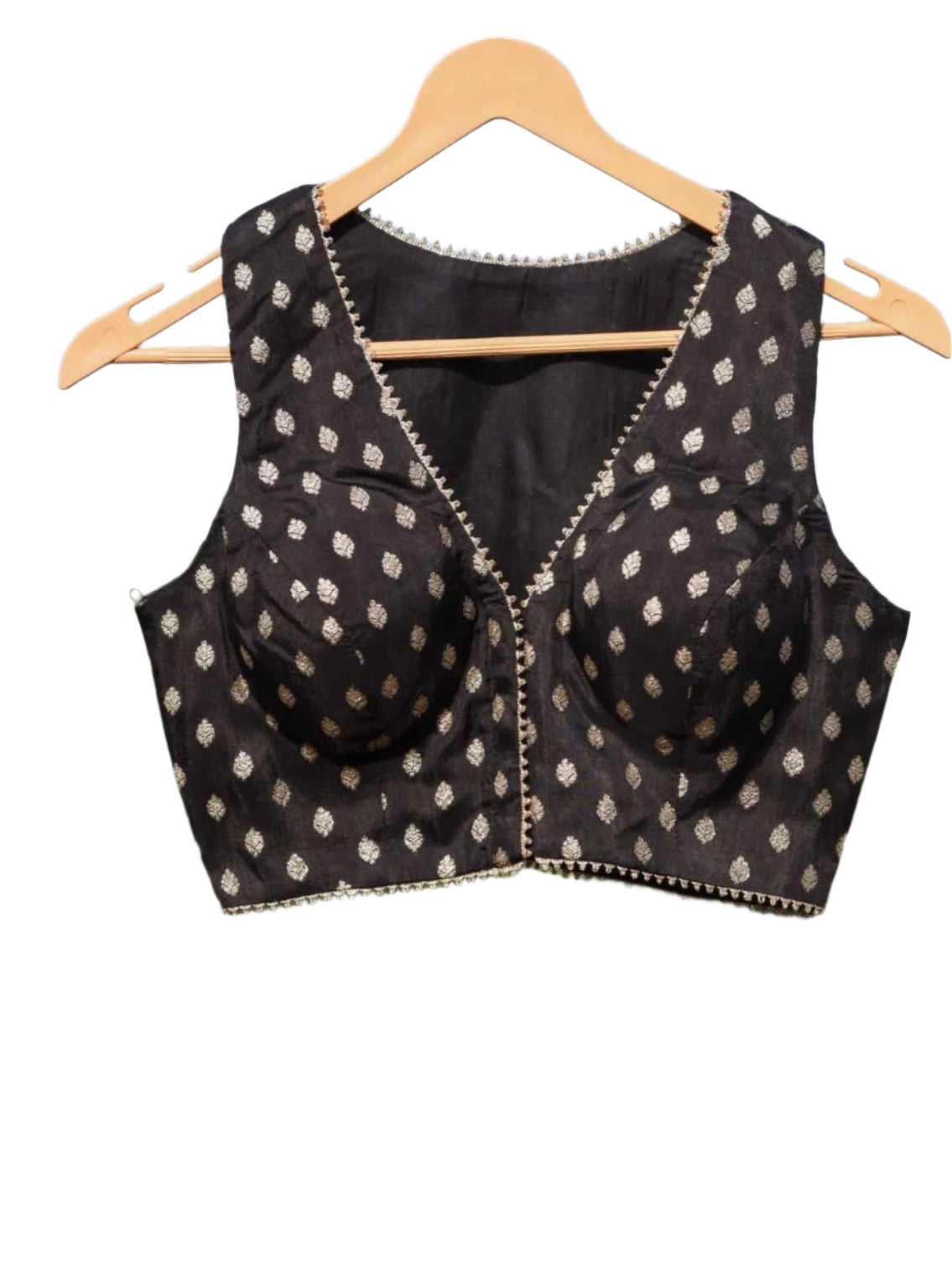 Sleeveless Black Blouse With V Neckline And Front Hook Opening