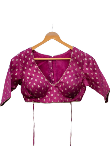 Wine Colored Elbow Sleeves Blouse With V Neckline And Back Hook Opening