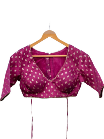 Wine Colored Elbow Sleeves Blouse With V Neckline And Back Hook Opening