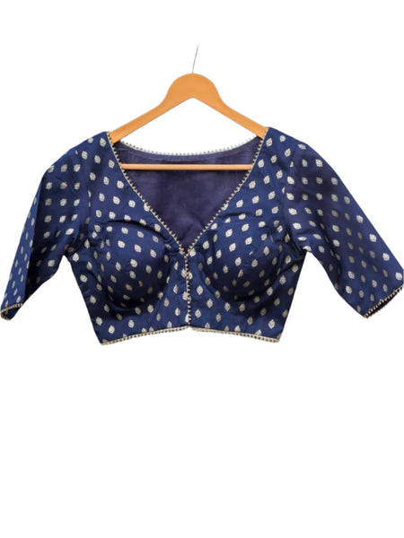 Elbow Sleeves Blue Blouse With V Neckline Lace Detailing And Front Hook Opening