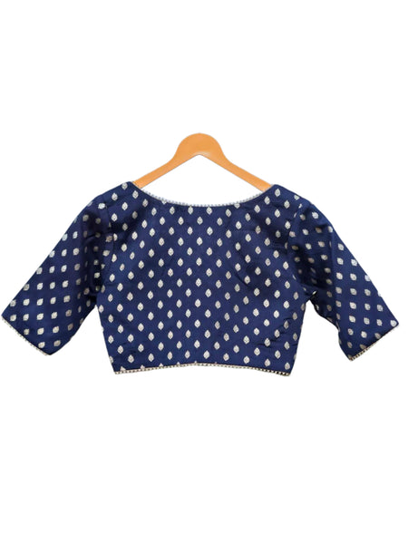 Elbow Sleeves Blue Blouse With V Neckline Lace Detailing And Front Hook Opening