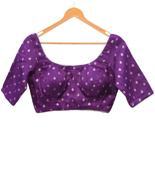 Elbow Sleeves Purple Blouse With Round Neckline Lace Detailing And Back Hook Opening