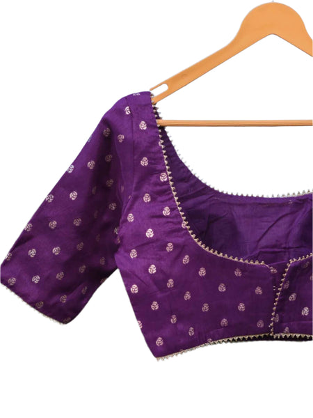 Elbow Sleeves Purple Blouse With Round Neckline Lace Detailing And Back Hook Opening