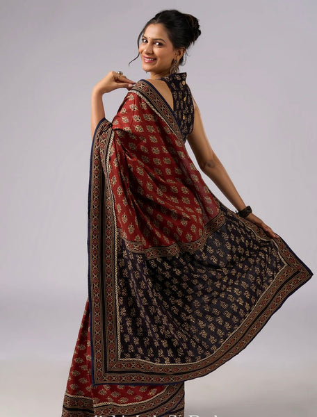 Brown Cotton Printed combination saree with Ajrakh border