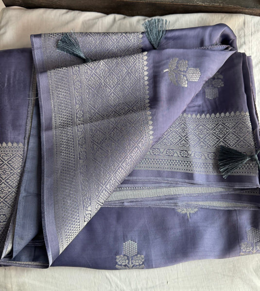 Lavender and Silver Mashru Soft Silk Saree