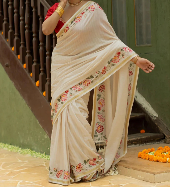 Off White And Gold Cotton Viscose Printed Saree With Floral Border