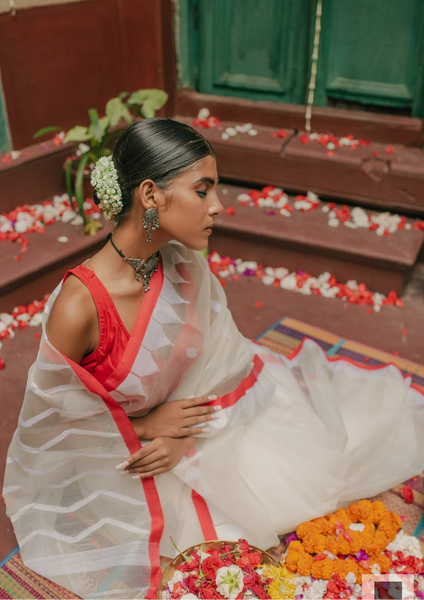 Red and White Handloom Silk Saree