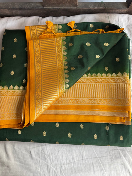 Forest Green and Yellow Soft Tussar Silk Saree