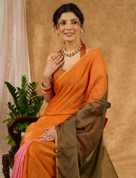 Orange & Pink Combination Pure Tissue Saree