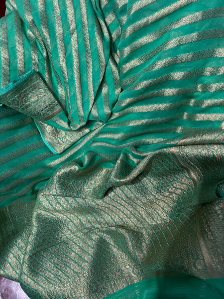 Pastel Green and Gold Pure Khaddi Chiffon Saree