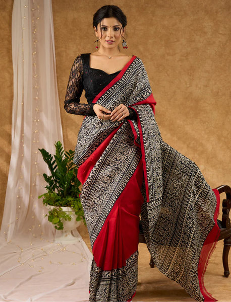 MAROON PURE SILK INTRICATE HAND BLOCK PRINTED SAREE