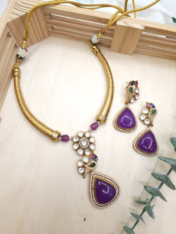 Purple Ridhi mossanite polki necklace set