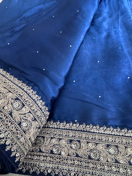 Deep Midnight Blue Satin Mukesh Work Saree with Antique Zari Embroidery