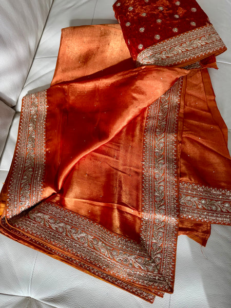 Orange Satin Mukaish Work Saree with Antique Zari Embroidery