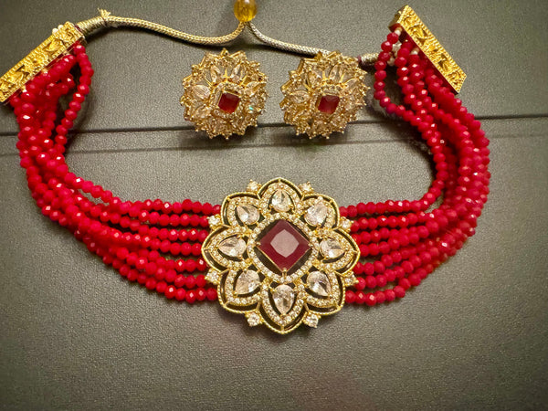 Red Kundan Garnet Choker with Earrings