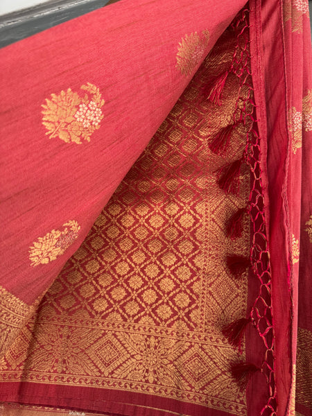 Coral Pink and Dual Tone Tussar Silk Saree