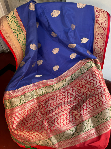 Pure Katan Silk Handloom Saree in Royal Blue and Red