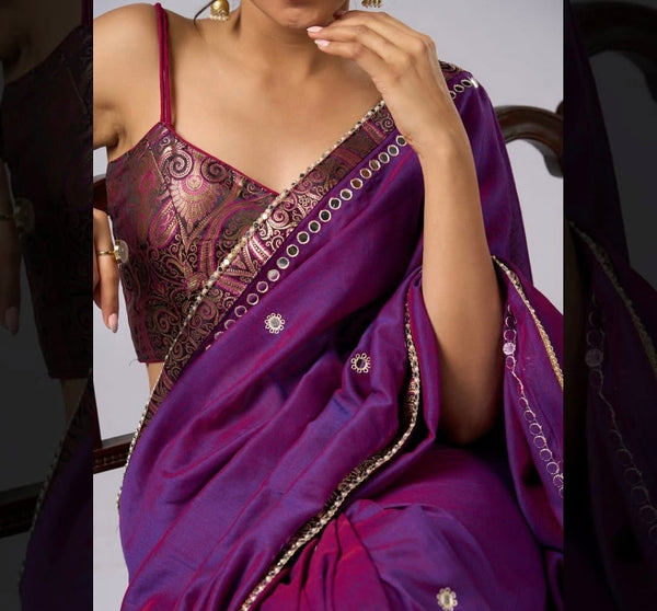 Vi]olet cotton two tone saree with hand embroidery and Benarasi border