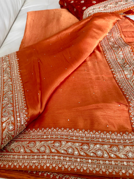 Orange Satin Mukaish Work Saree with Antique Zari Embroidery