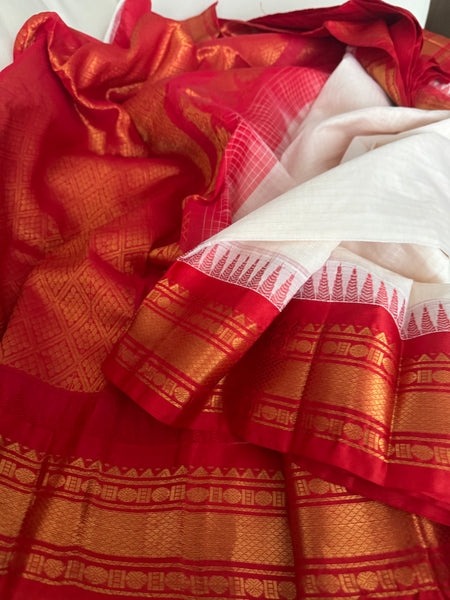 White and Red Cotton Gadhwal Saree