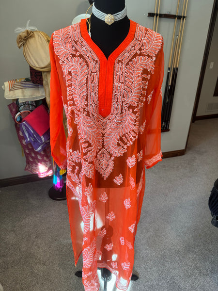 Orange Georgette Lucknowi Chikankari long Kurti