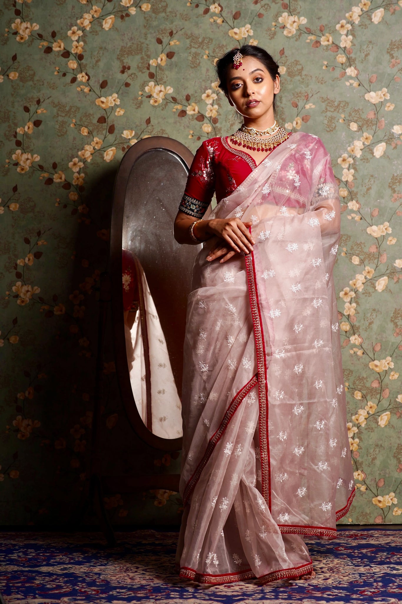 Blush Pink Organza Saree with Rani Pink Border