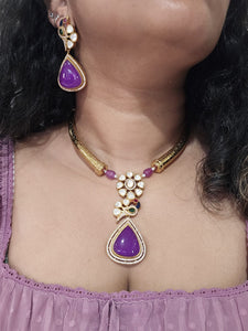 Purple Ridhi mossanite polki necklace set