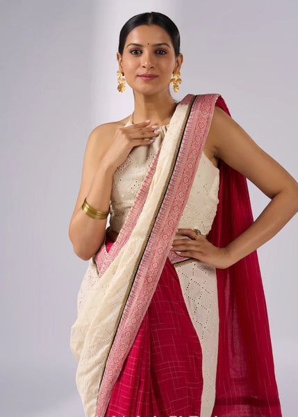 Off white haakoba cotton saree with bright chequered pink combination