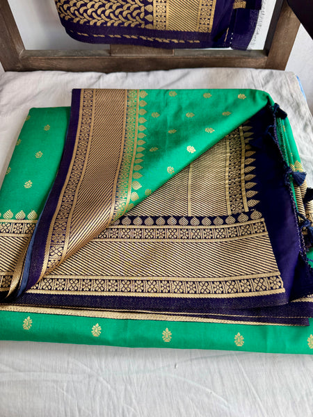 Green and Navy Blue Tussar Silk Saree