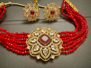 Red Kundan Garnet Choker with Earrings