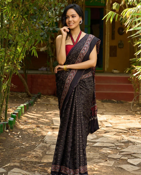 MIDNIGHT ELEGANCE : BLACK AJRAKH HAND BLOCK PRINTED PURE MODAL SILK SAREE