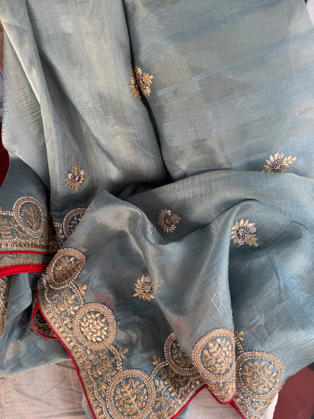 Sku Blue Tissue Chanderi Silk Saree