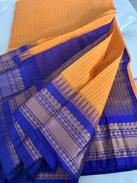 Pure Cotton Orange and Blue Gadwal Saree