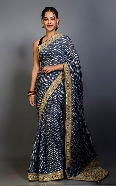 Designer Grey Saree with Zardosi Border