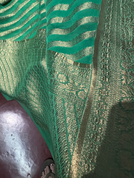 Pastel Green and Gold Pure Khaddi Chiffon Saree