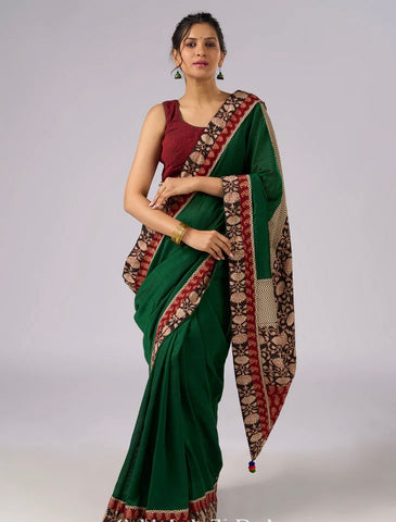 GREEN COTTON SAREE WITH BEIGE AND RED FLORAL AJRAKH ACCENTS