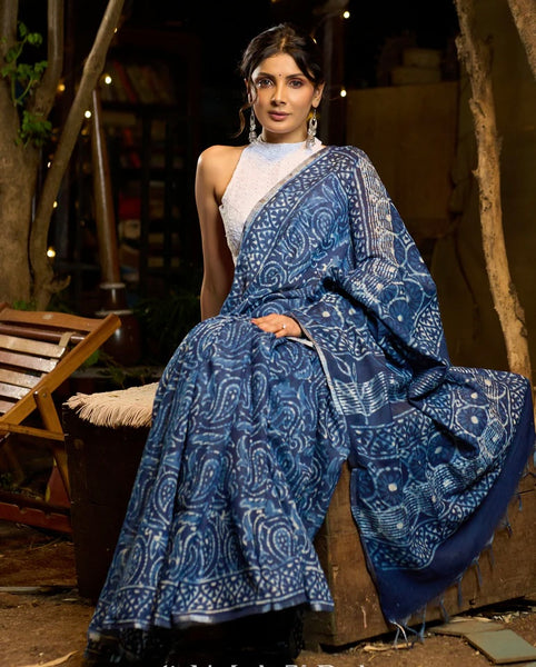 Blue Indigo Chanderi Silk Saree with Bagru Block Print