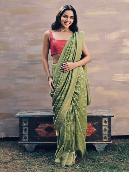 Pistachio Mint Green Khaddi Georgette Munga Silk Saree