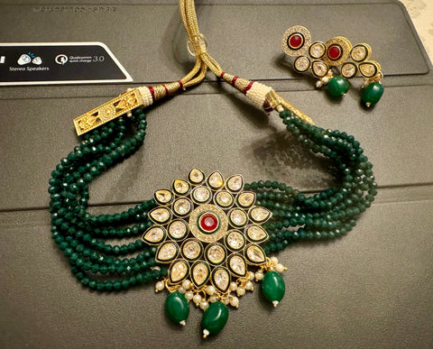 Green Kundan Garnet Choker with Earrings