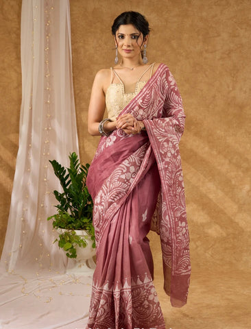 LIGHT BROWN DYED EXCLUSIVE HAND BATIK COTTON SAREE