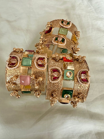 Gold Kundan pearl adjustable kadas cuffs