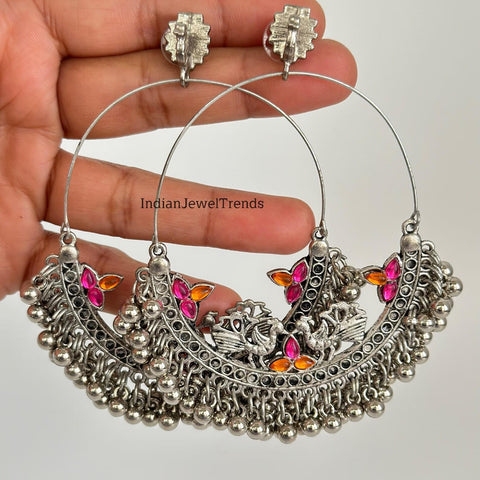 Peach Hot Pink Oxidized big hoop Peacock Earrings