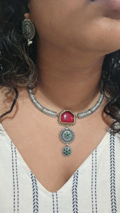 Ruby Red Navratan Silver 2 Tone Fusion Hasli Necklace Set