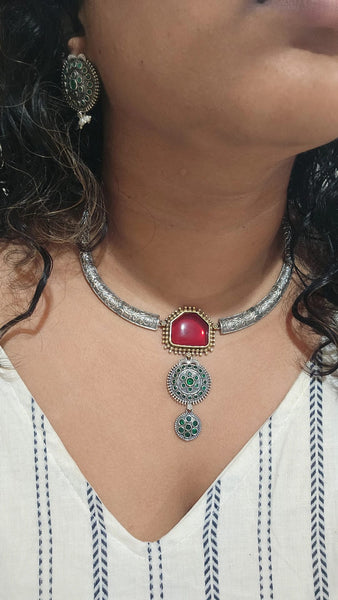 Ruby Red Navratan Silver 2 Tone Fusion Hasli Necklace Set