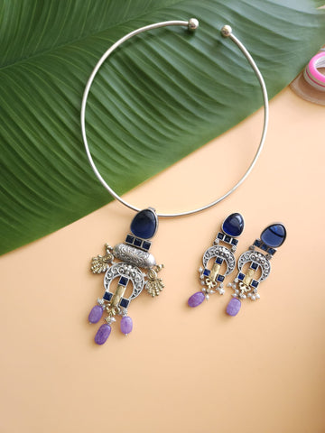 Purple and  Blue Navratan Silver 2 Tone Fusion Hasli Necklace Set